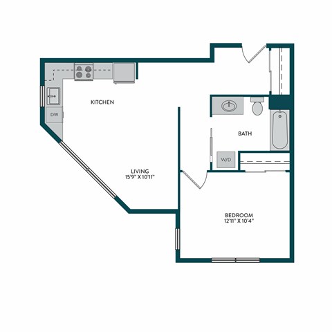 Floor plan for 1 bed, 1 bath, 591 sqft